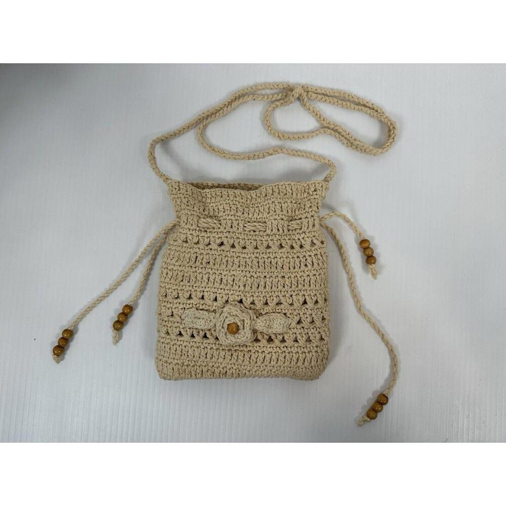 VTG Crocheted Macrame Boho Crossbody Bag Purse Braided Strap Lined‎ Fringe NWT - Picture 10 of 11